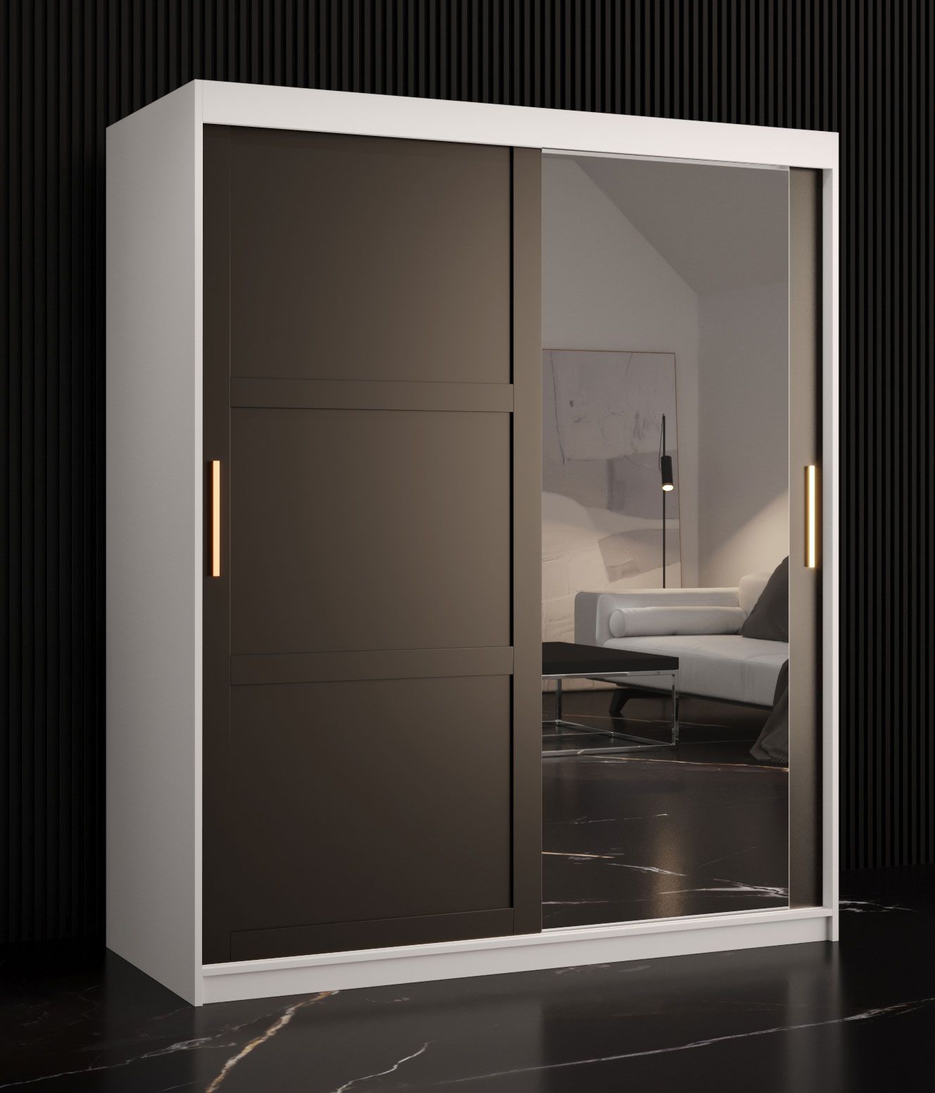kledingkast met deur met spiegel Liskamm 34, kleur: mat wit / mat zwart - afmetingen: 200 x 150 x 62 cm (H x B x D), met vijf vakken en twee kledingstangen