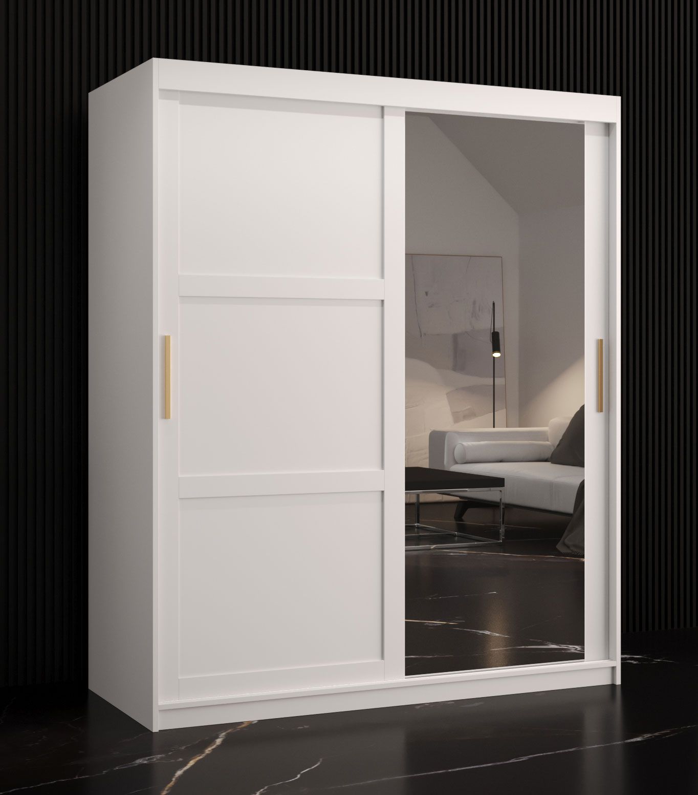 Kledingkast met één deur met spiegel Liskamm 33, kleur: mat wit - afmetingen: 200 x 150 x 62 cm (H x B x D), met vijf vakken en twee kledingstangen