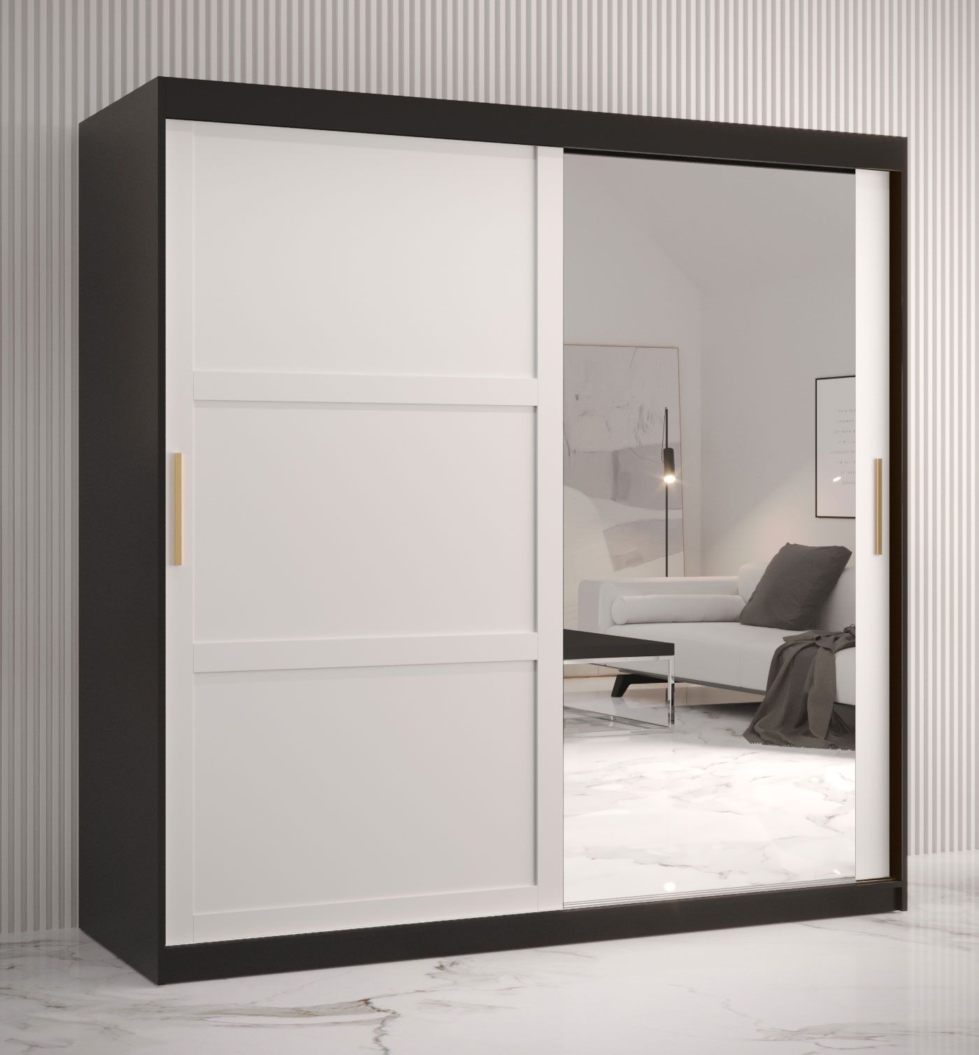 Eenvoudige kledingkast met 10 vakken Liskamm 39, kleur: mat zwart / mat wit - afmetingen: 200 x 180 x 62 cm (H x B x D), met één deur met spiegel