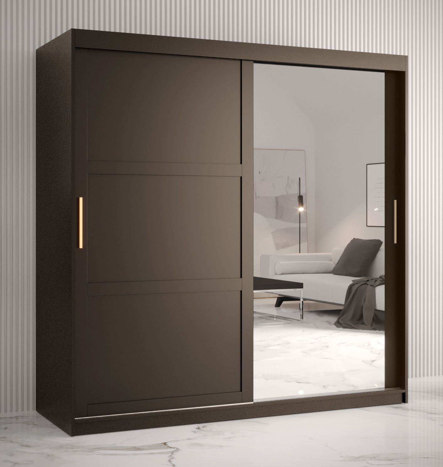 Kledingkast met één moderne deur met spiegel Liskamm 40, kleur: mat zwart - afmetingen: 200 x 180 x 62 cm (H x B x D), met 10 vakken en twee kledingstangen