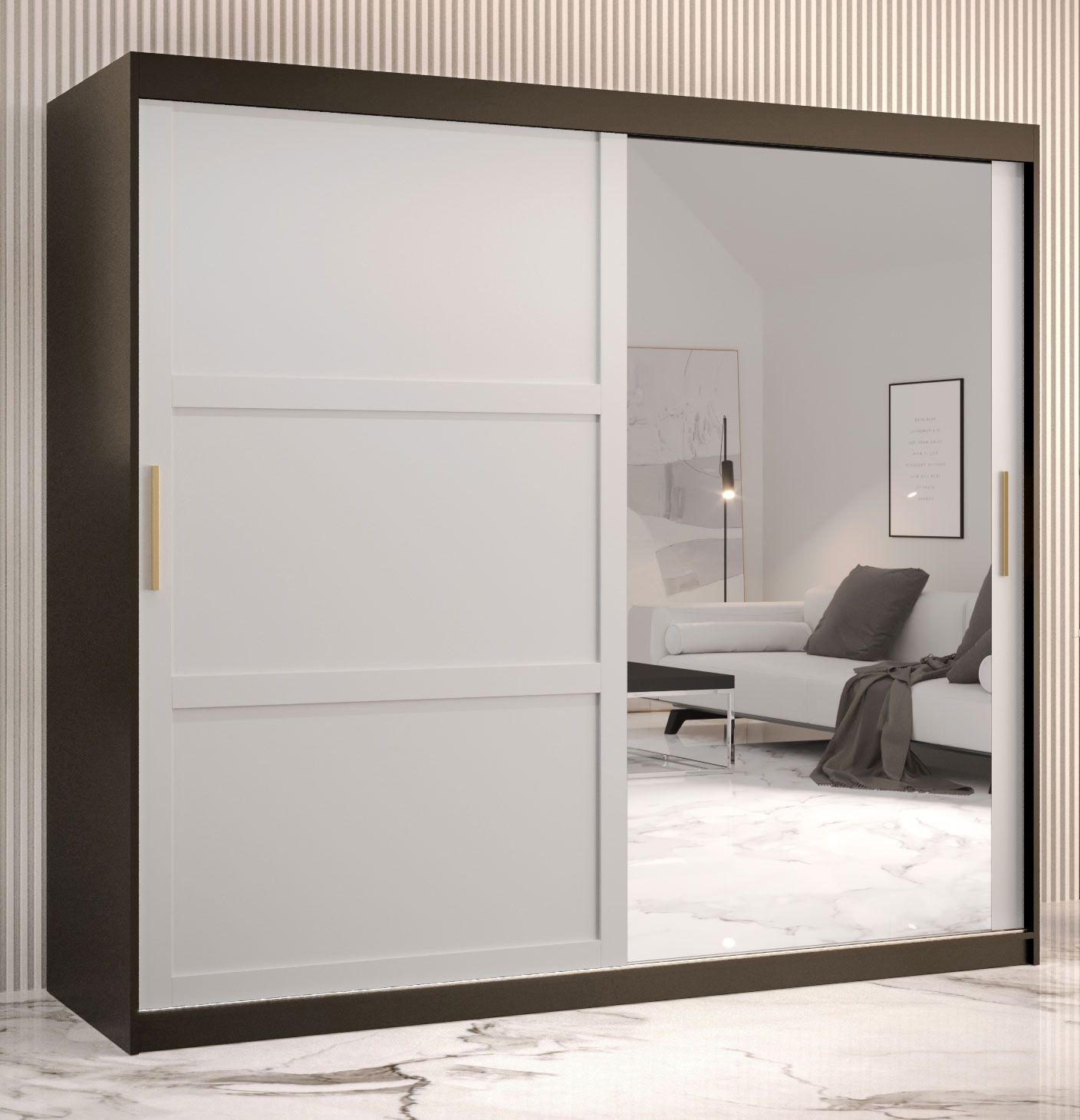 moderne kledingkast met voldoende opbergruimte Liskamm 43, kleur: mat zwart / mat wit - afmetingen: 200 x 200 x 62 cm (H x B x D), met één deur met spiegel