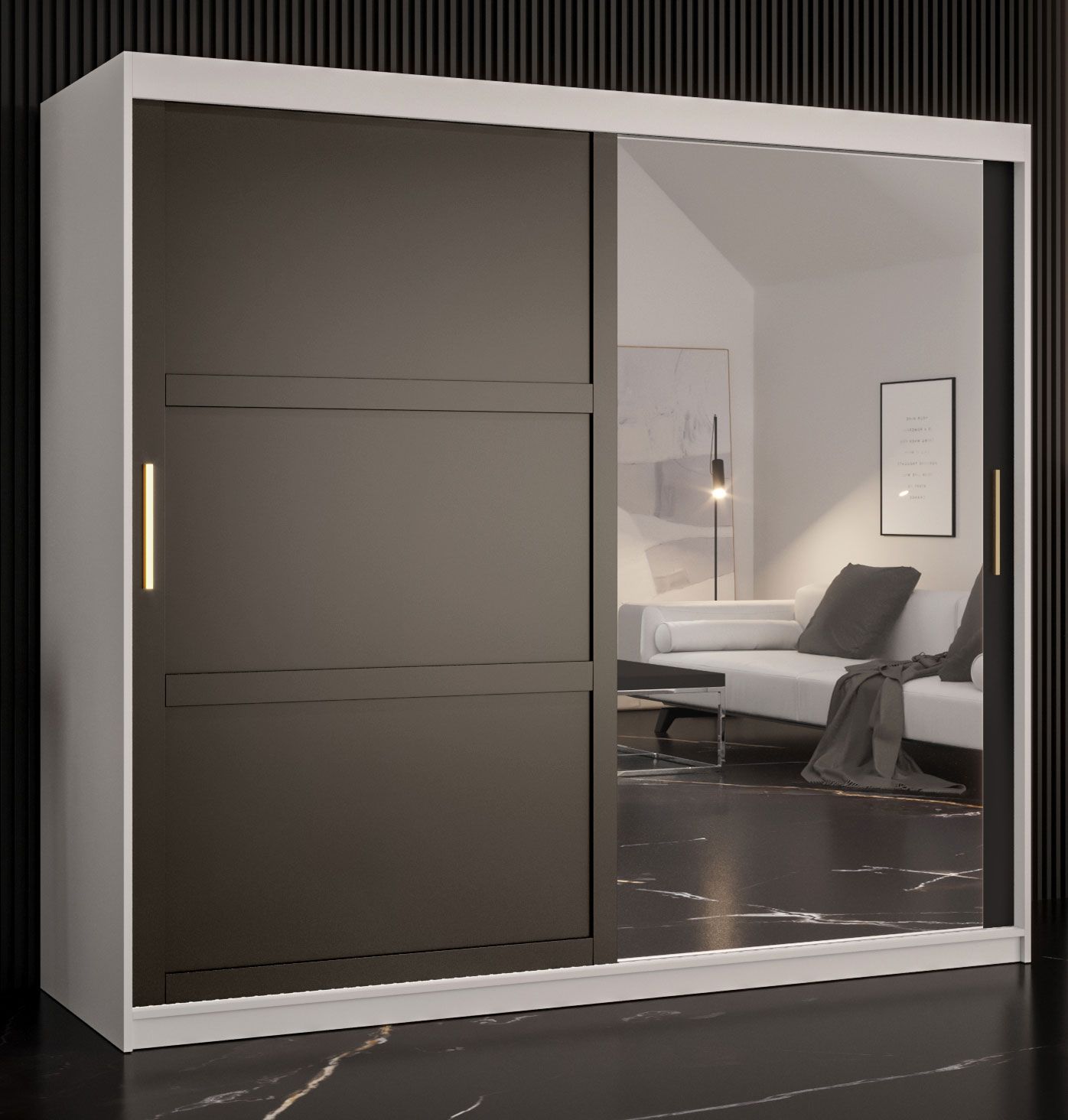 Stijlvolle kledingkast met één deur met spiegel Liskamm 42, kleur: mat wit / mat zwart - afmetingen: 200 x 200 x 62 cm (H x B x D), met 10 vakken en twee kledingstangen