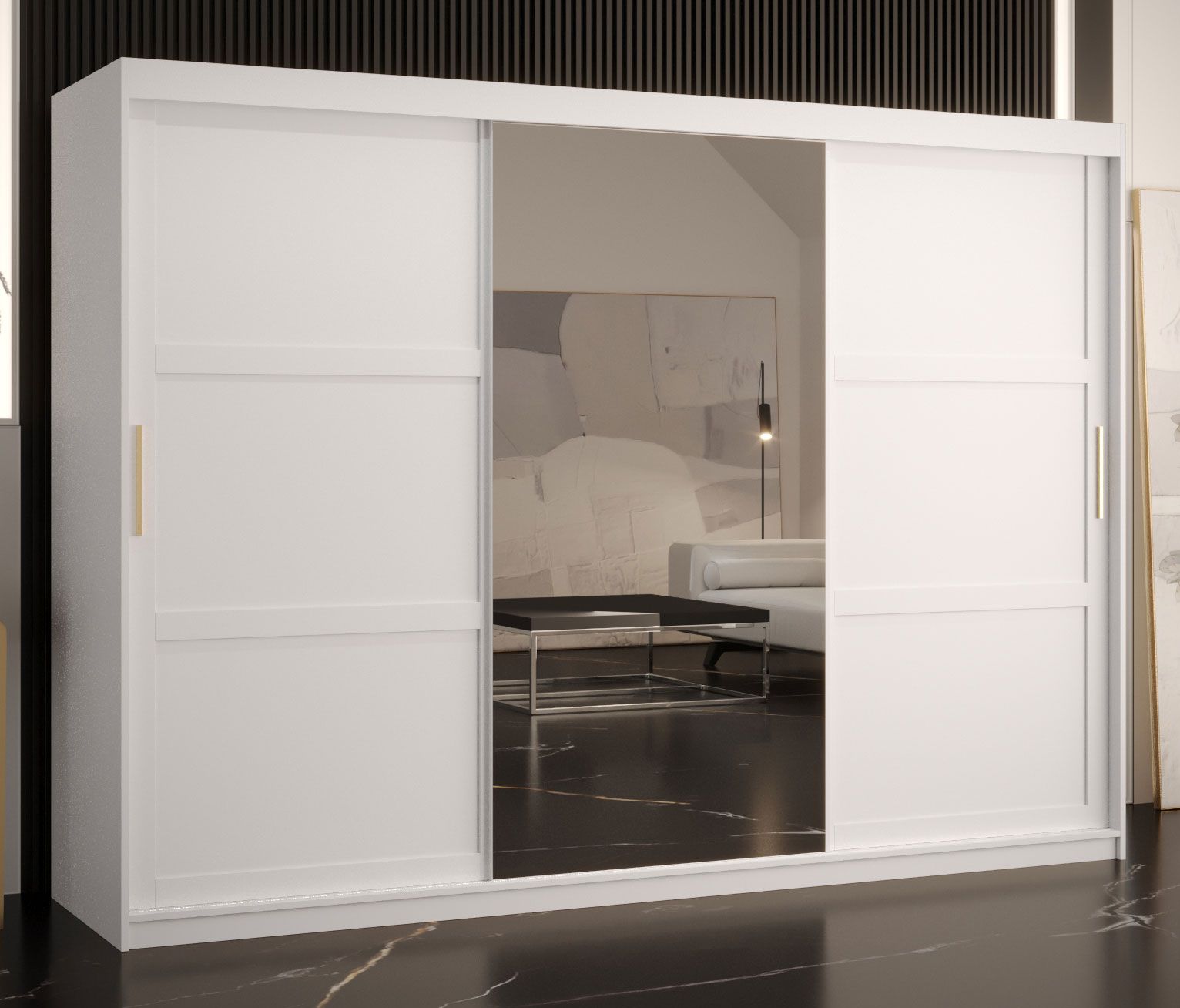 elegante kledingkast met één deur met spiegel Liskamm 45, kleur: mat wit - afmetingen: 200 x 250 x 62 cm (H x B x D), met drie deuren