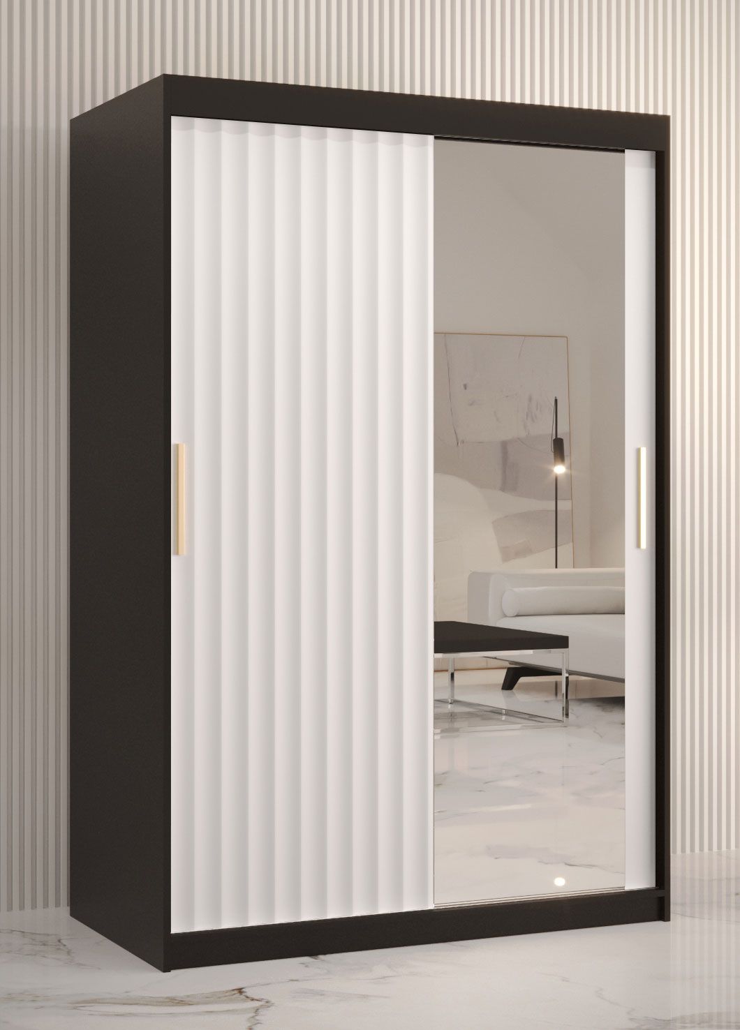 Kledingkast met strak design Balmenhorn 79, kleur: mat zwart / mat wit - afmetingen: 200 x 120 x 62 cm (H x B x D), met één deur met spiegel