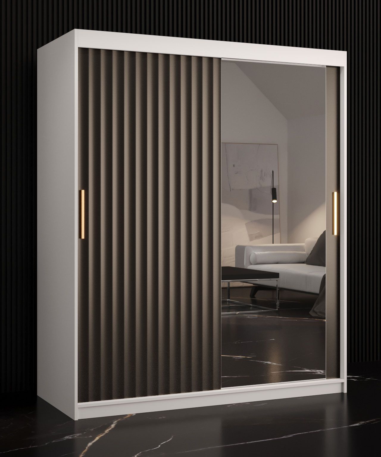 Eenvoudige kledingkast Balmenhorn 82, kleur: mat wit / mat zwart - afmetingen: 200 x 150 x 62 cm (H x B x D), met één deur met spiegel