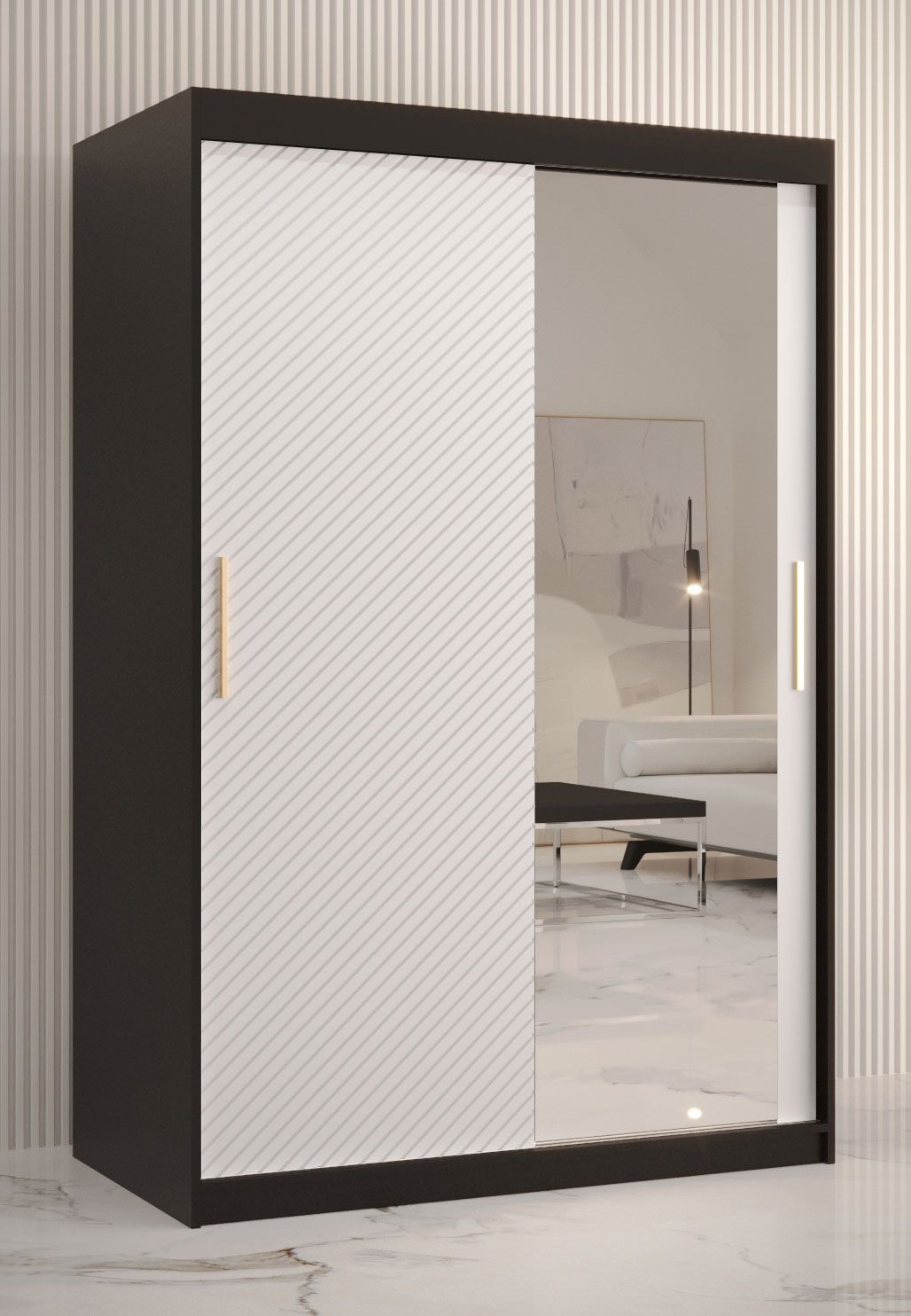 moderne kledingkast met één deur met spiegel Balmenhorn 31, kleur: mat zwart / mat wit - afmetingen: 200 x 120 x 62 cm (H x B x D), met voldoende opbergruimte