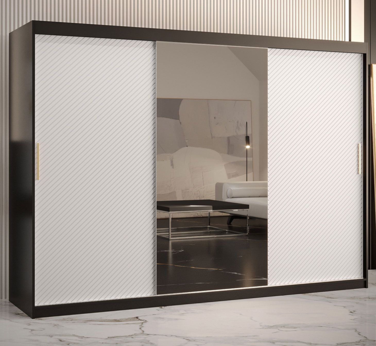 moderne kledingkast met één deur met spiegel Balmenhorn 47, kleur: mat zwart / mat wit - afmetingen: 200 x 250 x 62 cm (H x B x D), met voldoende opbergruimte
