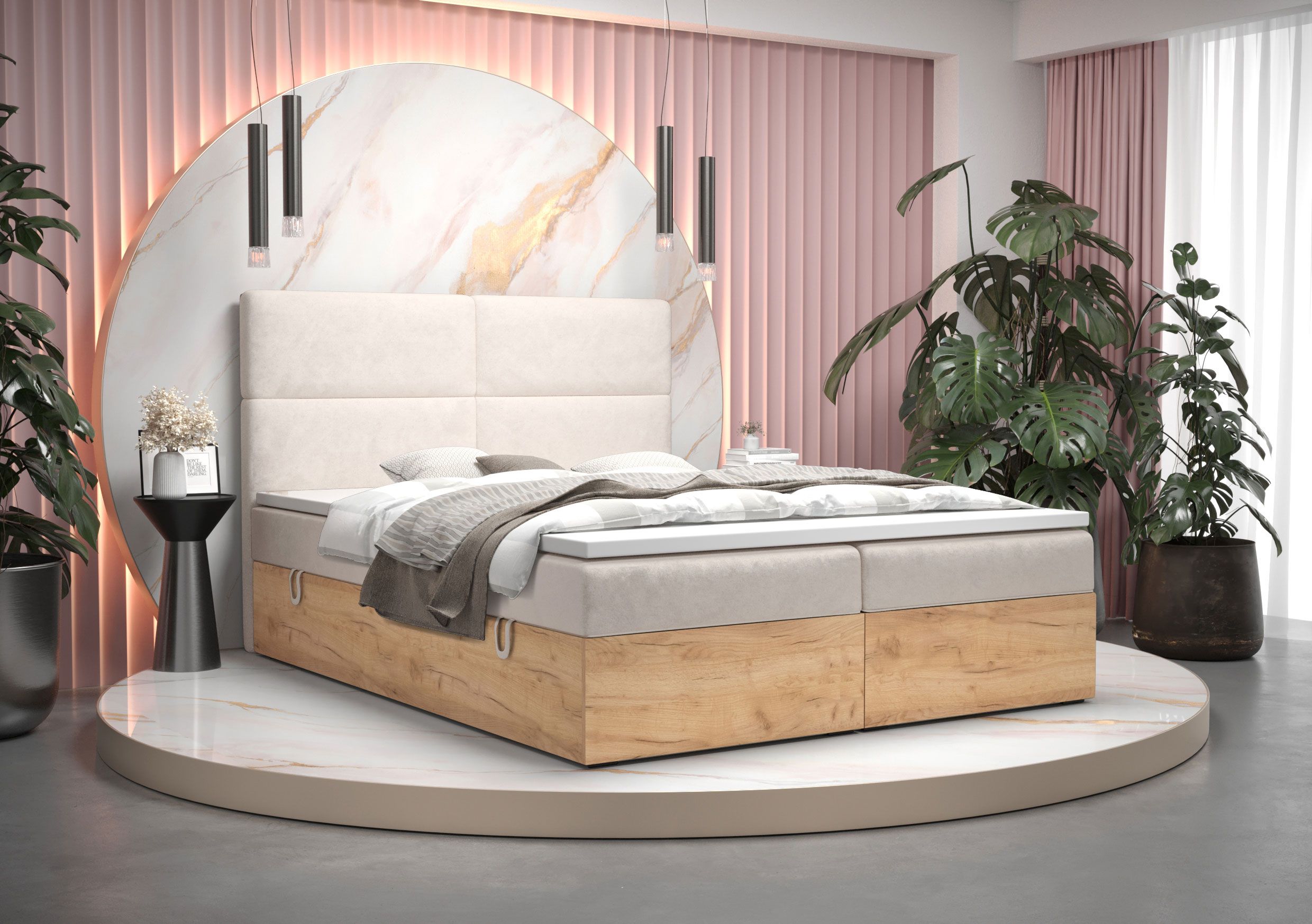 Boxspring bed in bijzonder design Pilio 41, kleur: Beige / Golden Craft eiken - ligoppervlak: 180 x 200 cm (b x l)