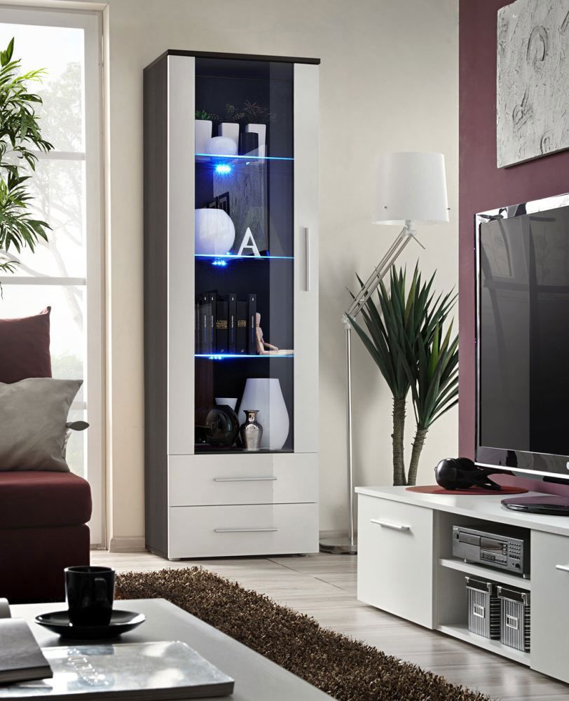 Eenvoudige vitrinekast Salmeli 12, kleur: wit / zwart - Afmetingen: 190 x 60 x 40 cm (H x B x D), met LED-verlichting
