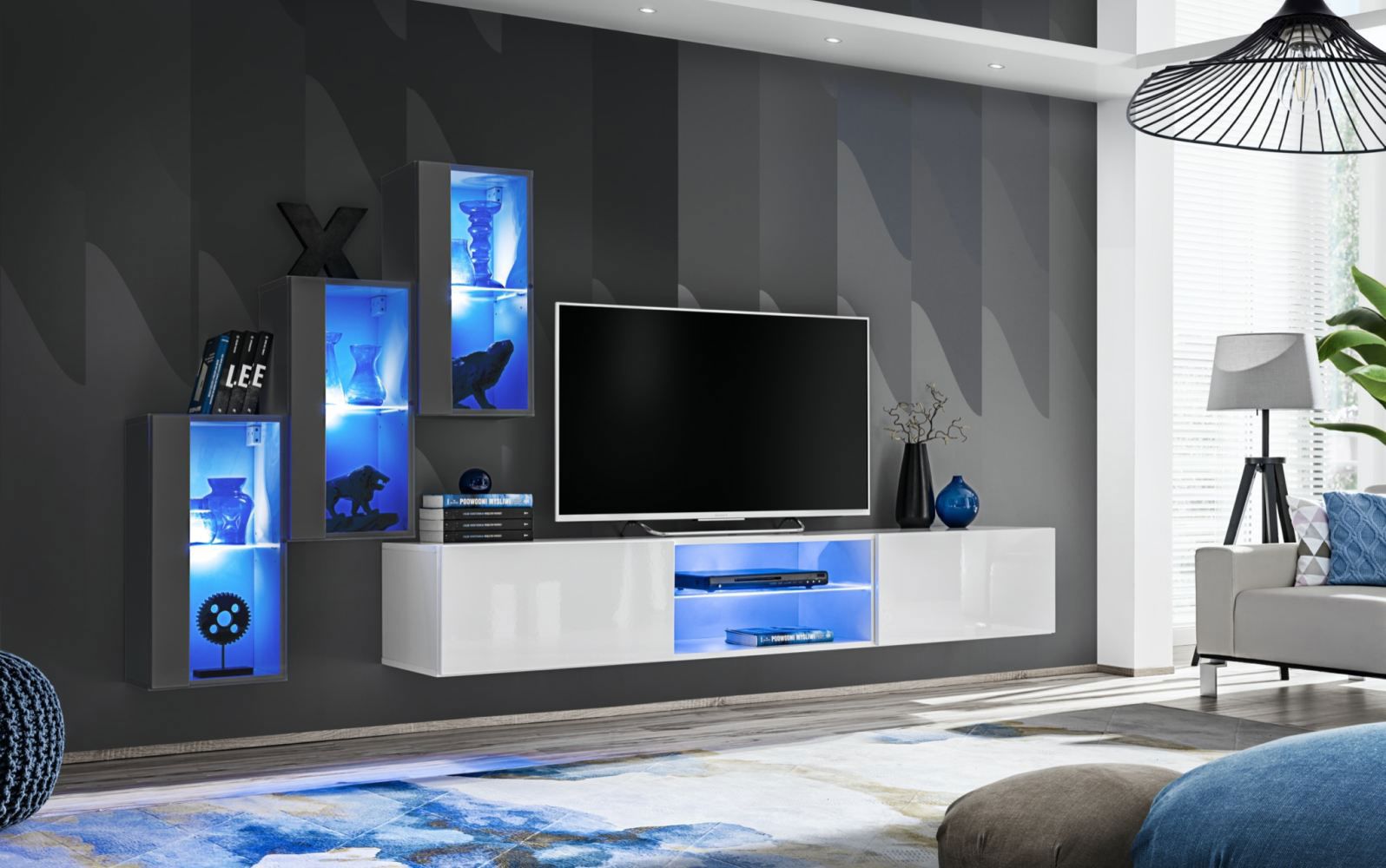 Bijzonder wandmeubel met blauwe LED-verlichting Volleberg 24, kleur: grijs / wit - Afmetingen: 120 x 210 x 40 cm (H x B x D), met vijf deuren