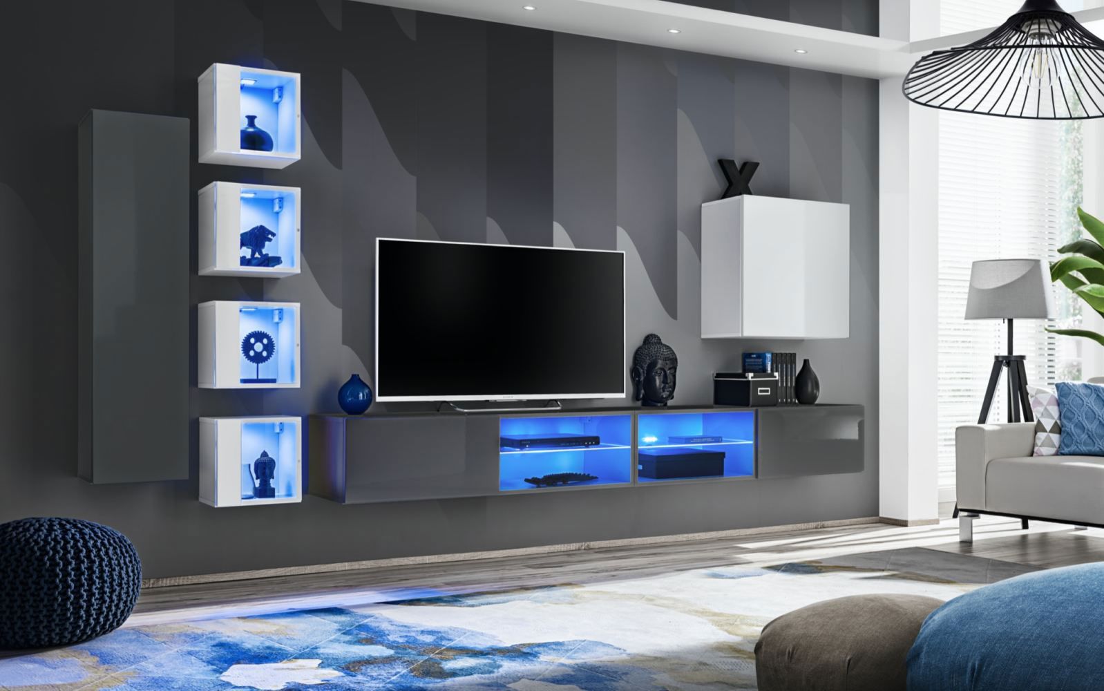 Elegante woonkamerwand Volleberg 88, kleur: grijs / wit - Afmetingen: 150 x 280 x 40 cm (H x B x D), met blauwe LED-verlichting