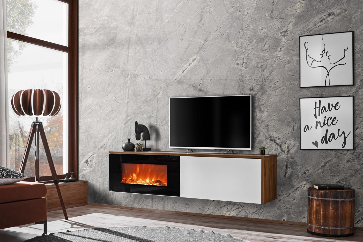 Eenvoudig TV-onderkast met elektrische haard Bjordal 19, kleur: wit mat / sterling eik - Afmetingen: 45 x 180 x 40 cm (H x B x D), met push-to-open functie