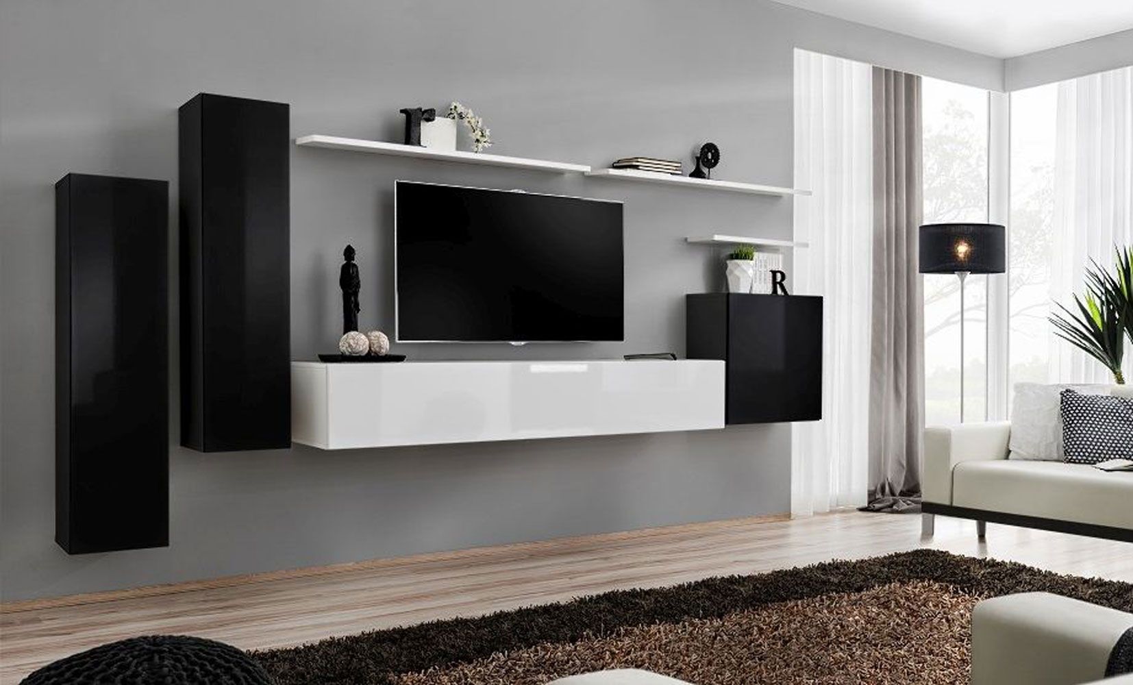 Bovenkast in elegant Balestrand 06-design, kleur: zwart / wit - Afmetingen: 160 x 330 x 40 cm (H x B x D), met push-to-open functie