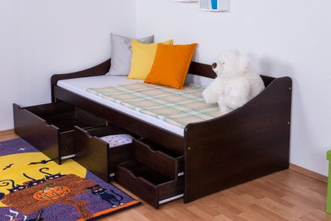 Eenpersoonsbed / bed met opbergruimte massief grenen, kleur walnoten94, incl. lattenbodem - 90 x 200 cm (B x L)