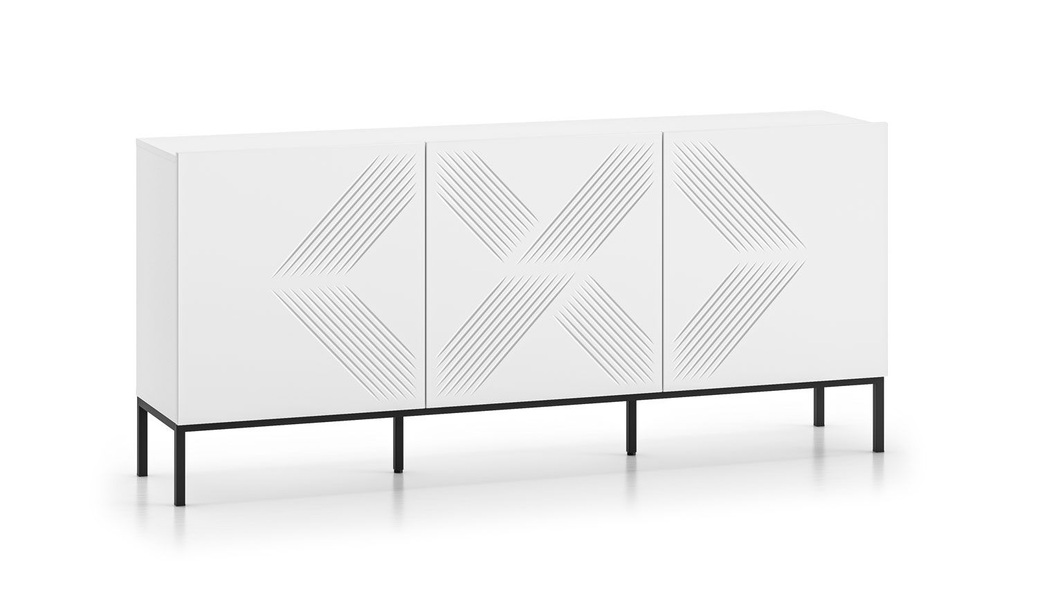Modernes Sideboard im einfachen Design Taos 07, Farbe: Weiß matt, Beine: Schwarz, Maße: 77 x 170 x 37 cm, mit drei Türen, sechs Fächer, für Wohnzimmer