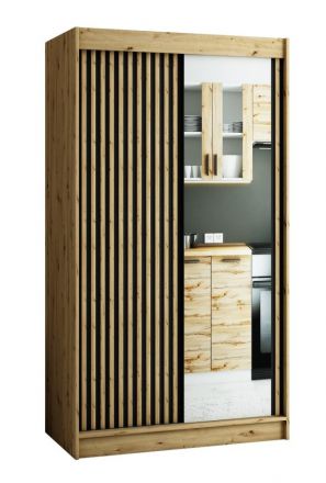 Borgis 02C schuifdeurkast / kledingkast met spiegel, kleur: Artisan eik / mat zwart - afmetingen: 200 x 120 x 62 cm (H x B x D)