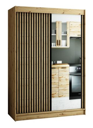 Borgis 03C schuifdeurkast / kledingkast met spiegel, kleur: Artisan eik / mat zwart - afmetingen: 200 x 150 x 62 cm (H x B x D)