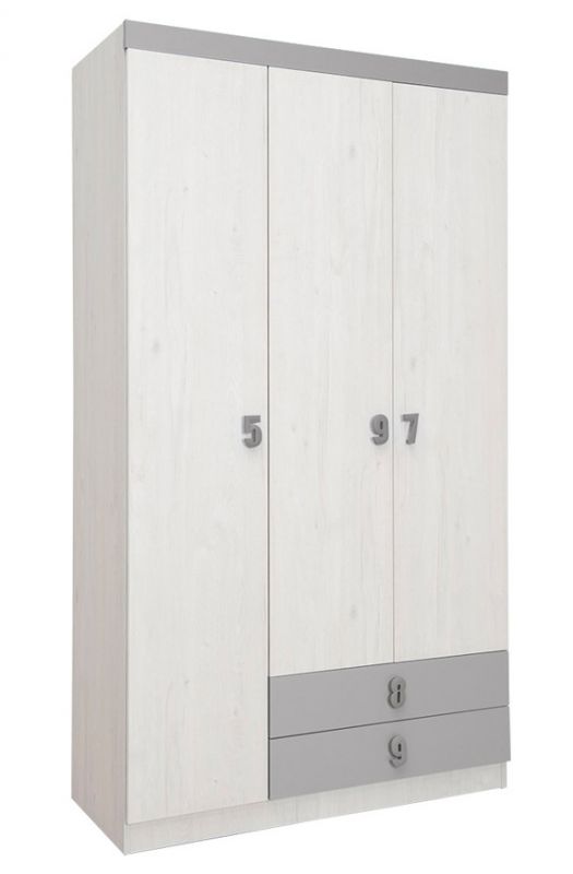 Kinderkamer - draaideurkast / kleerkast Luis 21, kleur: eiken wit / grijs - 218 x 120 x 52 cm (H x B x D)