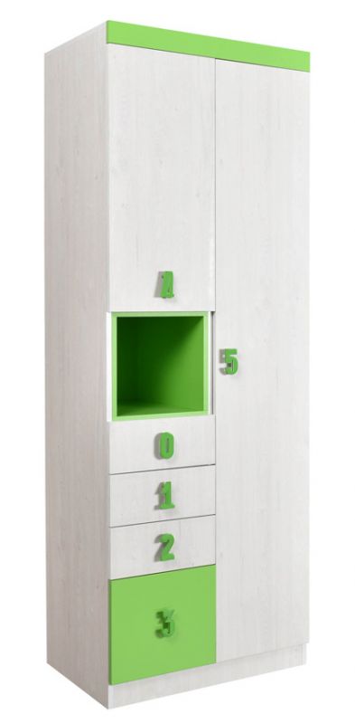 Kinderkamer - draaideurkast / kleerkast Luis 11, kleur: eiken wit / groen - 218 x 80 x 52 cm (H x B x D)