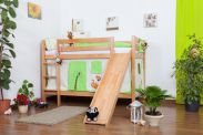 Kinderbed stapelbed Moritz beuken massief hout met glijbaan incl. rol lattenbodem - 90 x 200 cm, deelbaar