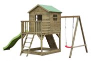 Speeltoren S20C1, dak: groen, incl. golfglijbaan, enkele schommel-aanbouw, balkon, zandbak, klimwand en houten ladder - Afmetingen: 462 x 363 cm (B x D)