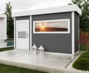 Buiten sauna / saunahuis Lut 40 mm  met groot panorama raam, kleur: antraciet / wit - buitenafmetingen (B x D): 354 x 204 cm