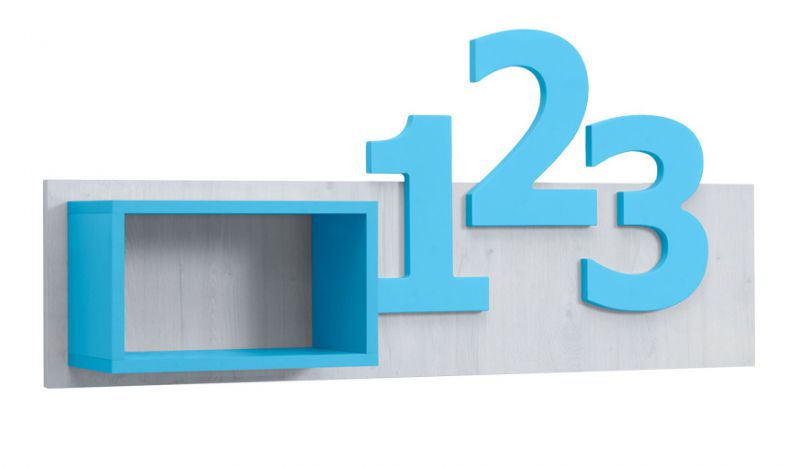 Kinderkamer - wandplank / hangrek Luis 02, kleur: eiken wit / blauw - 54 x 120 x 22 cm (h x b x d)