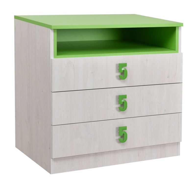 Kinderkamer - ladekast / commode Luis 13, kleur: eiken wit / groen - 75 x 80 x 52 cm (h x b x d)