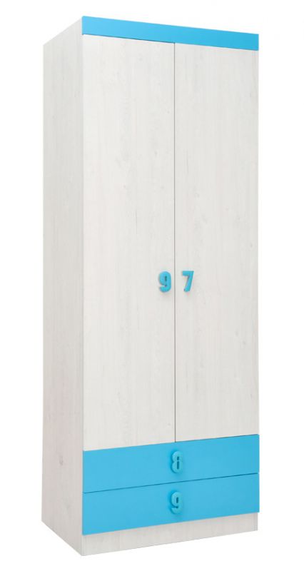 Kinderkamer - draaideurkast / kleerkast Luis 19, kleur: eiken wit / blauw - 218 x 80 x 52 cm (H x B x D)