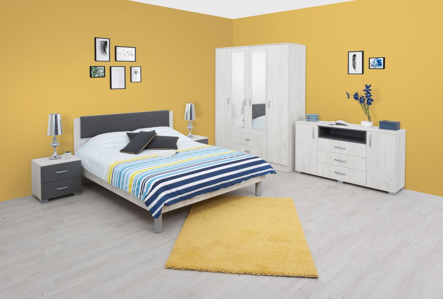 Slaapkamer - Set Bermeo, 6 delig, kleur: eiken wit / antraciet