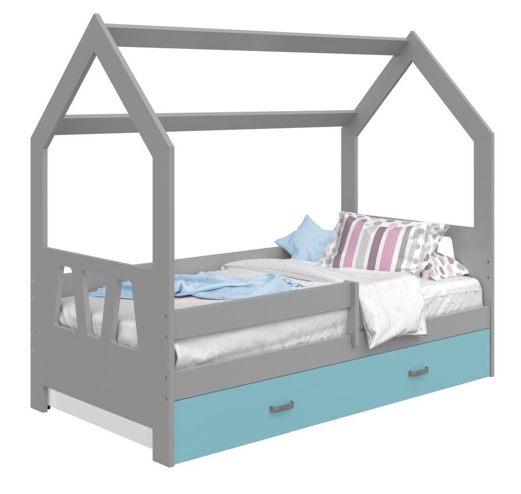 Kinderbed / kleuter bed massief grenen grijs gelakt D3A, lade: blauw, incl. lattenbodem - ligvlak: 80 x 160 cm (b x l)