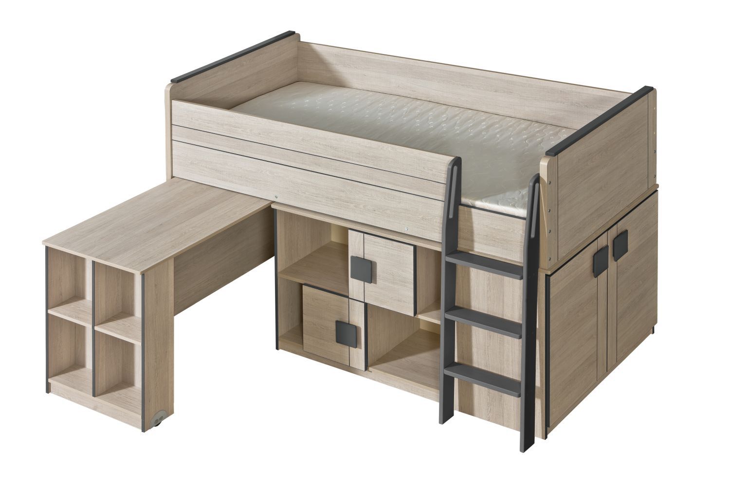 Functioneel bed kinderbed / hoogslaper - combinatie met open kast en bureau Elias 19, kleur: lichtbruin / grijs - ligvlak: 90 x 200 cm (B x L)
