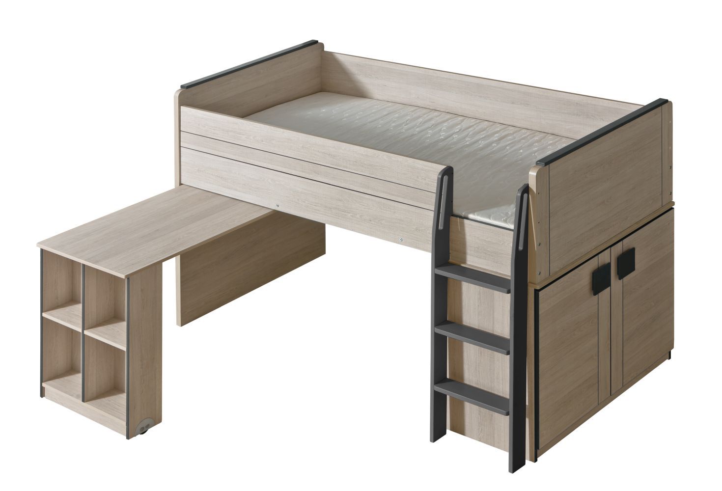Functioneel bed / kinderbed / hoogslaper - combinatie met beddenlade en bureau Elias 15, kleur: lichtbruin / grijs - ligvlak: 90 x 200 cm x L)