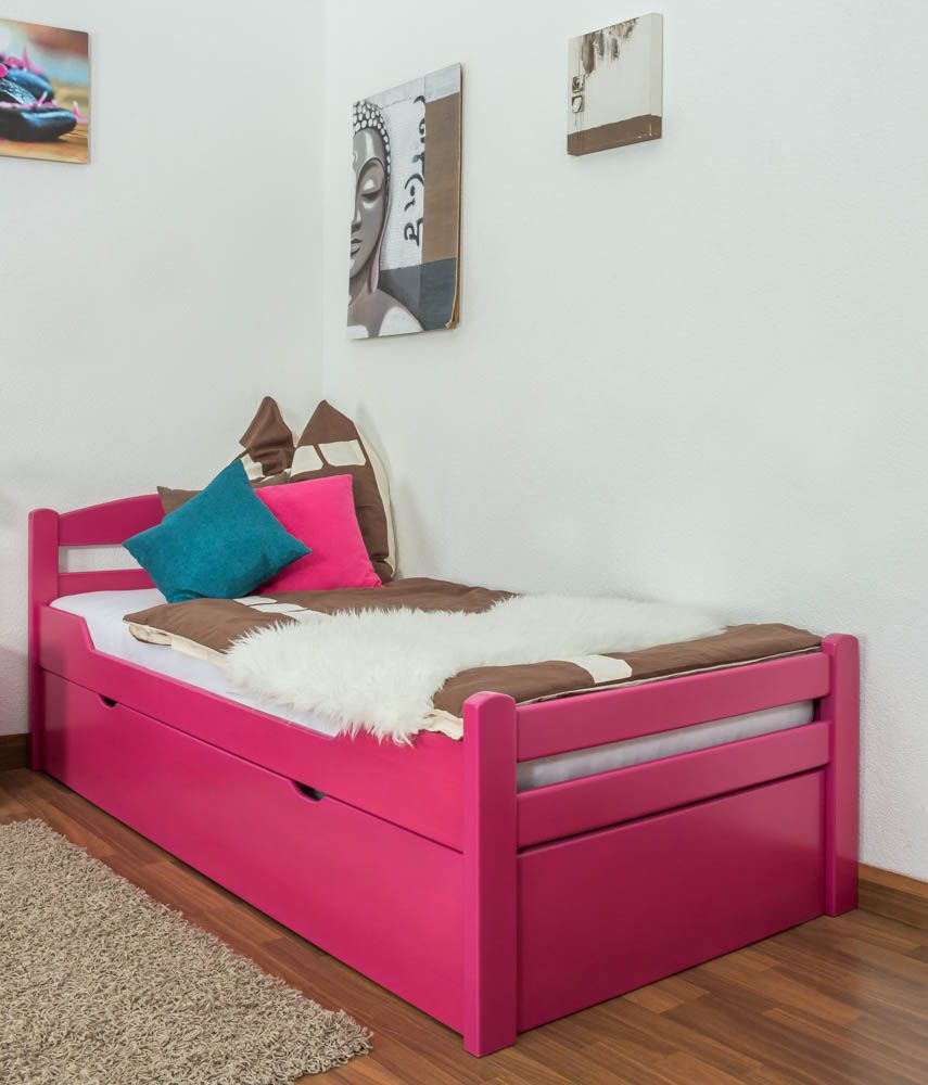 voorzetsel Kantine Uitsluiting Eenpersoonsbed / logeerbed "Easy Premium Line" K1/2h incl. 2e bed en 2  afdekplaten, 90 x 200 cm massief beukenhout kleur: roze gelakt