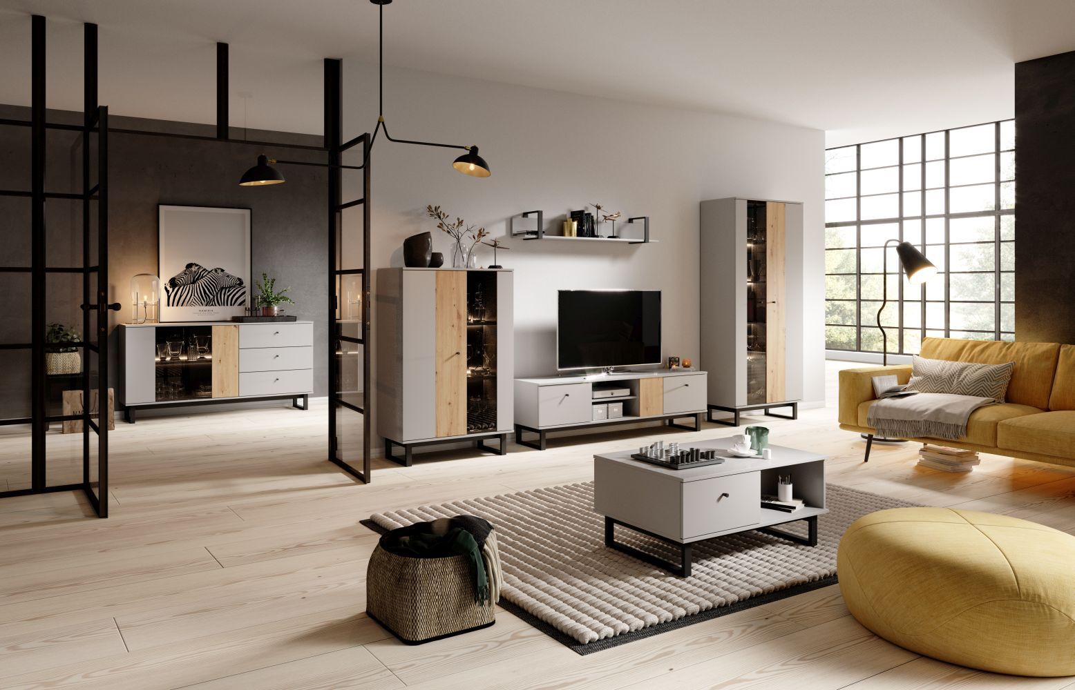 Complete woonkamer set A Tunis, kleur: grijs/eiken