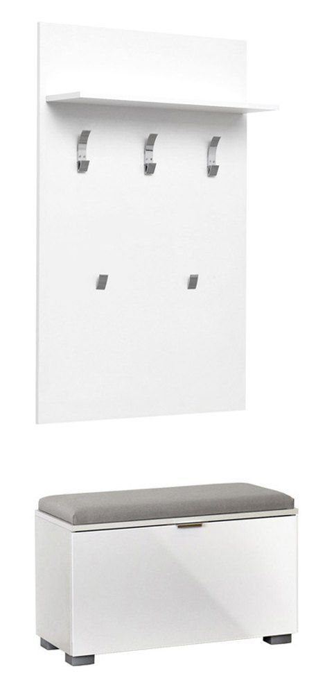resterend massa Baffle garderobe / kapstok met bankje Sabadell 04, kleur: wit / wit hoogglans -  209 x 80 x 38 cm (h x b x d)