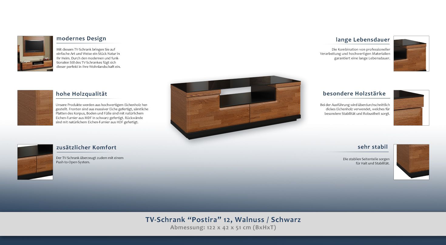 Vreemdeling Scheiden Maladroit TV-meubel "Postira" 12, kleur: walnoten / zwart, deels massief - Afmetingen:  42 x 122 x 51 cm (H x B x D)