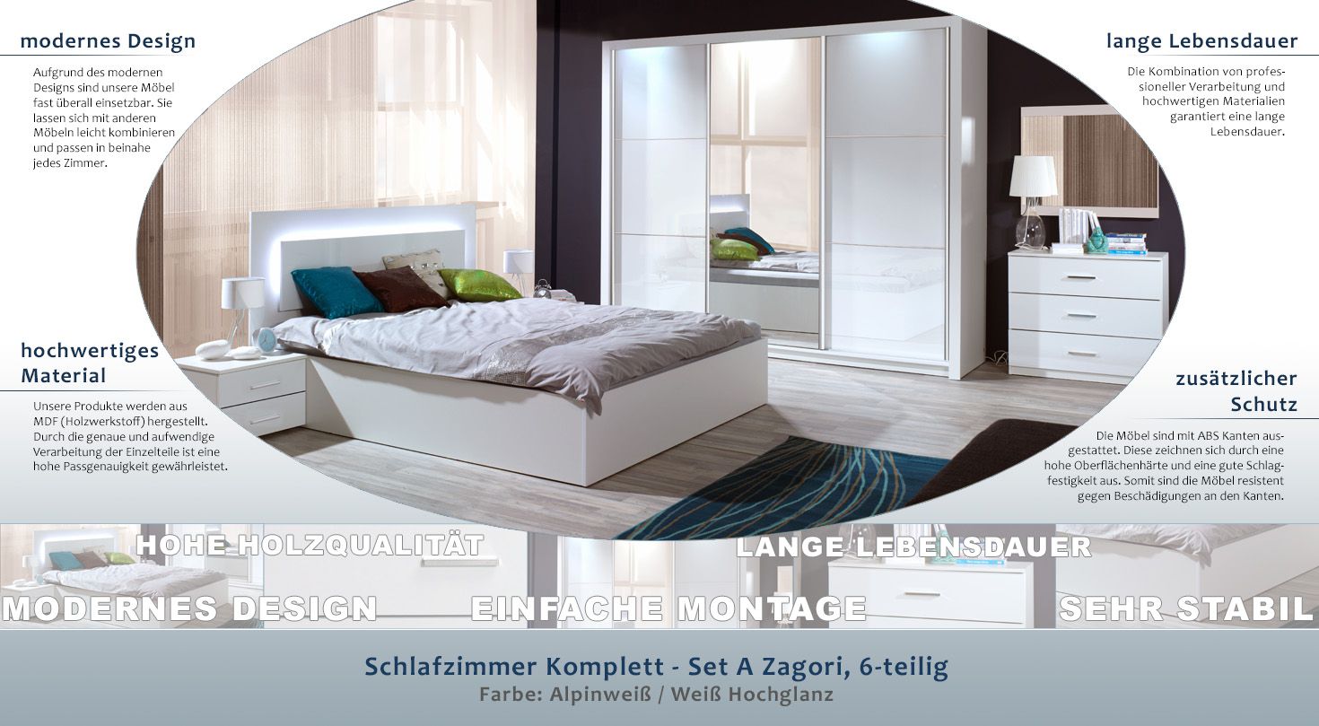 Complete slaapkamer set A Zagori, 6-delig, alpine wit wit hoogglans
