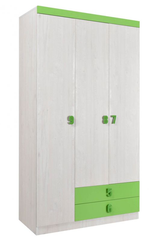 Kinderkamer - draaideurkast / kleerkast Luis 21, kleur: eiken wit / groen - 218 x 120 x 52 cm (H x B x D)
