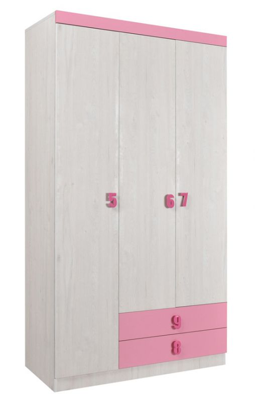 Kinderkamer - draaideurkast / kleerkast Luis 21, kleur: eiken wit / roze - 218 x 120 x 52 cm (H x B x D)