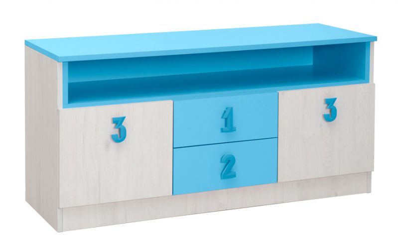 Kinderkamer - ladekast / commode Luis 05, kleur: eiken wit / blauw - 60 x 120 x 42 cm (H x B x D)
