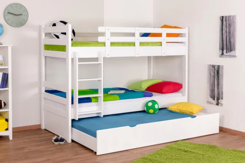 Stapelbed "Easy Premium Line" K20/h incl. onderschuifbed /extra ligplaats en 2 afdekplaten, hoofd- en voeteneinde recht, massief beuken wit - 90 x 200 cm (b x l), deelbaar