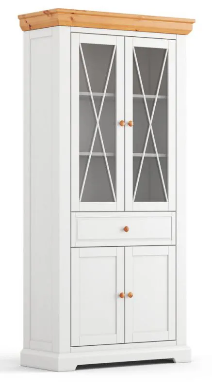 Vitrinekast Bresle 02, massief grenen, kleur: wit / grenen- Afmetingen: 200 x 95 x 41 cm (H x B x D)