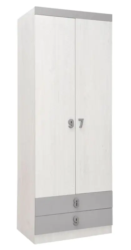 Kinderkamer - draaideurkast / kleerkast Luis 19, kleur: eiken wit / grijs - 218 x 80 x 52 cm (H x B x D)