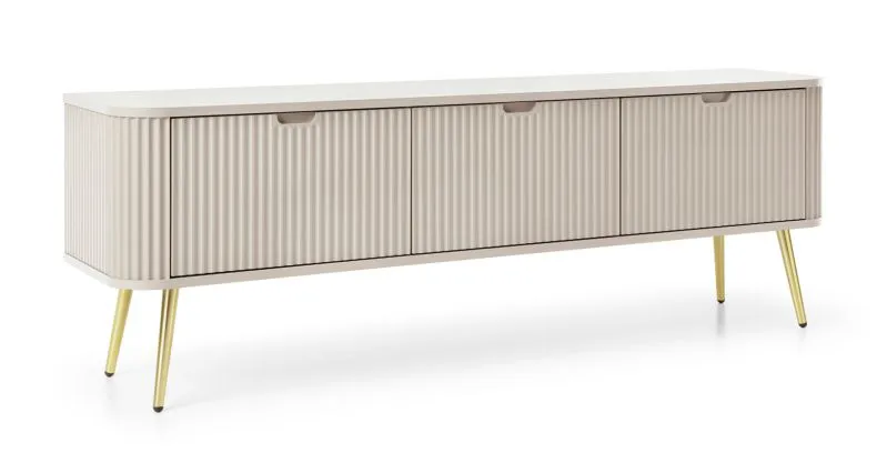 TV-meubel Makreb 05 in kasjmier, 57 x 168 x 39 cm, metalen poten in goud, 3 vakken, ABS-randafwerking, 3 deuren, voor de woonkamer, gefreesde fronten