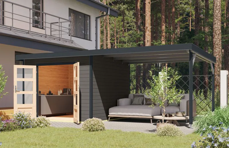 Tuinhuis / berging met (L/R) aanbouw dak, Noords sparrenhout terra grijs/antraciet, metaalprofielen lessenaarsdak, weerbestendig, dubbele deuren, cilinderslot, 2,70 × 2,70 m