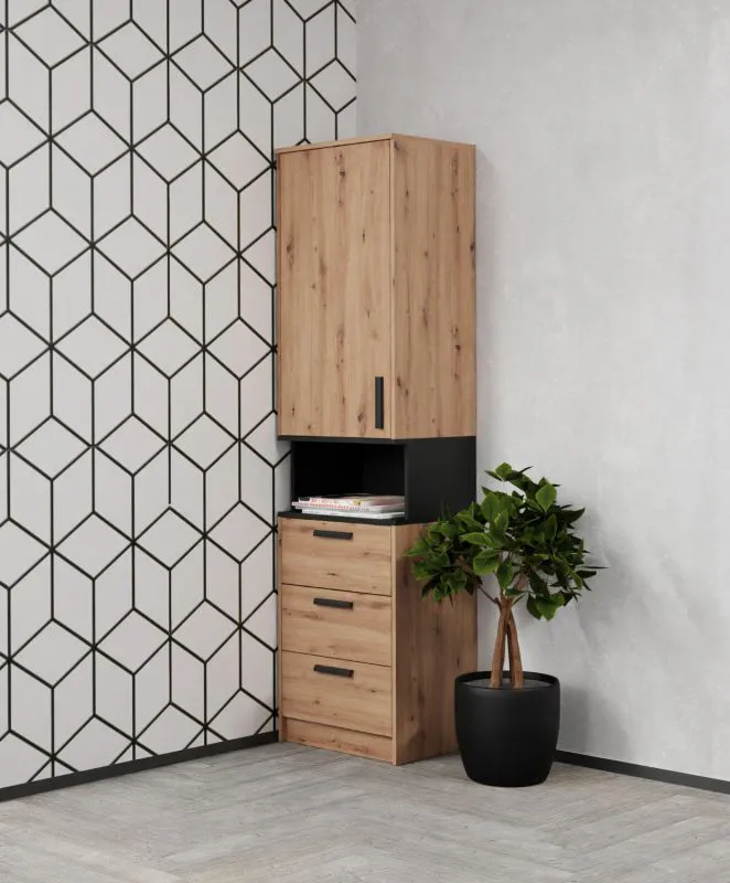 Kast / Fafe 06 / 195 x 52 x 40 cm / Soft Close / Hout effect / Artisan eiken / zwart / 1 deur / 1 open vak / 3 lades / 4 vakken / hoekig