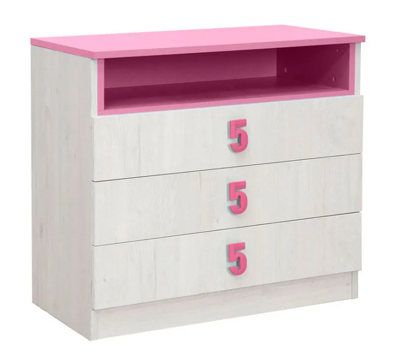 Kinderkamer - ladekast / commode Luis 13, kleur: eiken wit / roze - 75 x 80 x 52 cm (h x b x d)