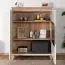 Elegante Vitrine Safotu 03, Weiß Hochglanz / Walnuss, 122 x 95 x 41 cm, zweifarbig, Soft Close System der Türen, 3 geräumige Fächer mit viel Stauraum
