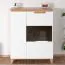 Elegante Vitrine Safotu 03, Weiß Hochglanz / Walnuss, 122 x 95 x 41 cm, zweifarbig, Soft Close System der Türen, 3 geräumige Fächer mit viel Stauraum